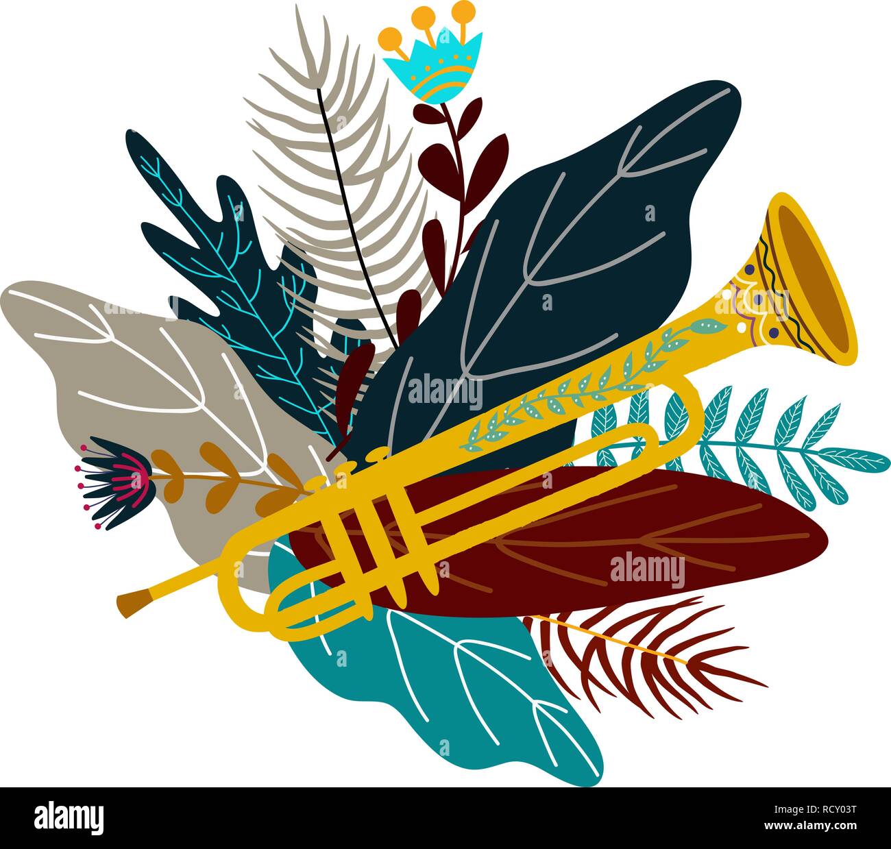 Isolated on white background trombone and leaves with flowers