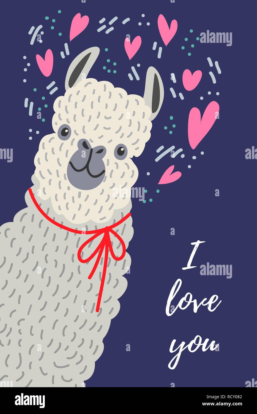 I love you, cute llama with heart, template for card and your design. Hand drawing flat doodles Stock Vector