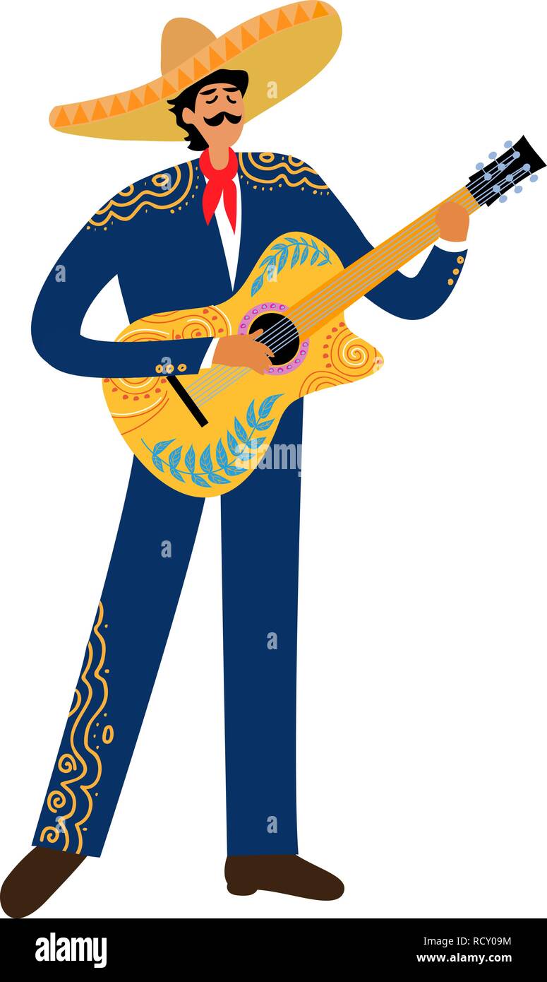Isolated Flat cartoon of a mexican man playing guitar in sombrero on a white background, hand drawing doodles vector Stock Vector