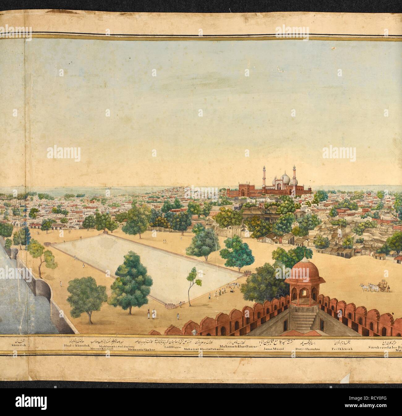 Section of a panorama of Delhi, showing the Jama Masjid. Panorama of Delhi. 25th November 1846. From a panorama of Delhi taken through almost 360 degrees from the top of the Lahore gate of the Red Fort, Delhi. Inscribed in Persian, Urdu and English. Water-colour and body-colour with gold; 665 by 4908 mm (530 by 4828 mm within frame) on five sheets of paper, glued together to form a scroll. Source: Add.Or.4126. Language: Persian, English and Urdu. Author: Khan, Mazhar 'Ali. Stock Photo