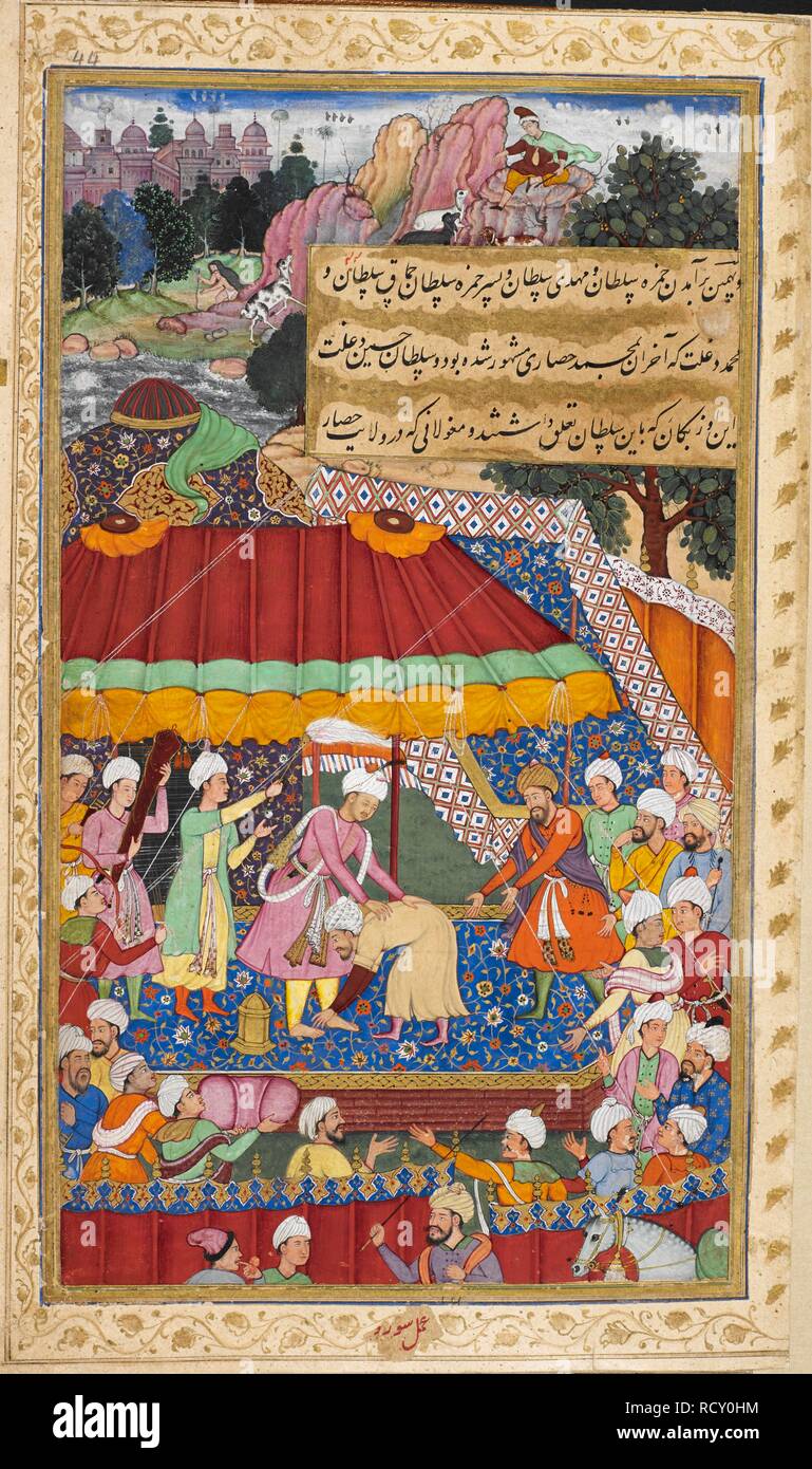 Hamza Sultan visiting Babur at Andijan (1496) (Sura). Vaki'at-i Baburi, the Memoirs of Babur, translated from the Turki original by Mirza 'Abd al-Rahim, Khan-i khanan. One hundred and forty-three miniatures (mostly with attributions). c.1590. Opaque watercolour. Mughal style; Mughal/Akbar style. Source: Or. 3714, f.44. Author: Babur. Sureh. Stock Photo