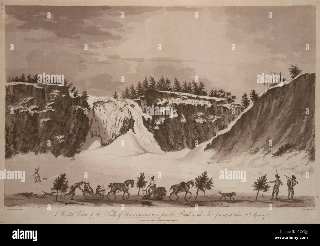 Soldiers, horses, dogs and sleds in the foreground; trees nearby; the frozen Montmorency Falls in the background. A Winter View of the Falls of MONTMORENCI, from the Road on the Ice fronting it, taken 12th April 1781. [London] : Publish'd Novr 25th 1785, by J. Wells, No22 Charing Corss., [November 25 1785]. Aquatint and etching. Source: Maps K.Top.119.44.b. Language: English. Author: Peachey, James. Stock Photo
