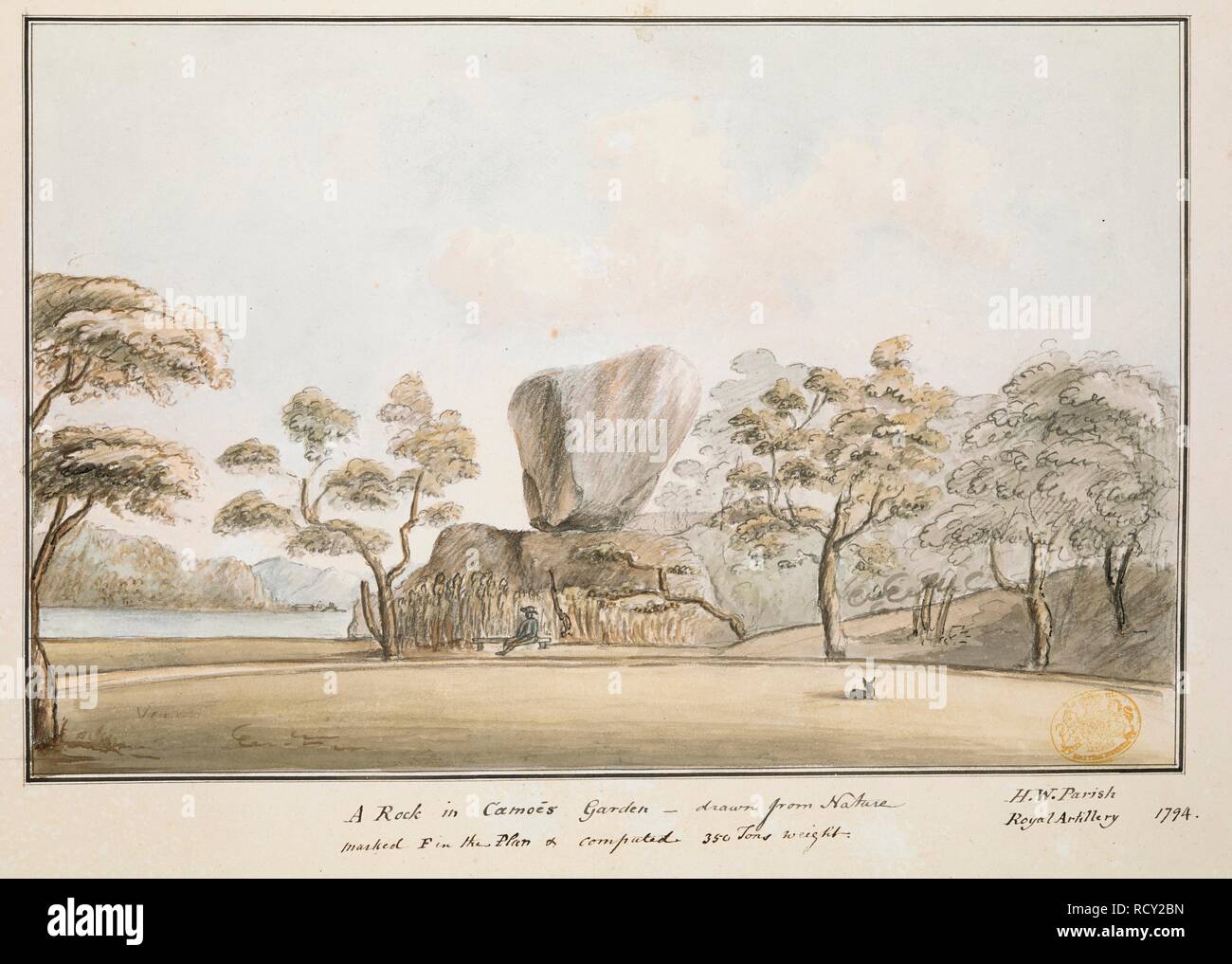A Rock in CamÃµes Garden : drawn from Nature marked F in the Plan & computed 350 Tons weight. / H. W. Parish Royal Artillery. Man sitting on a bench in front of a large ornamental rock among trees, with lake in the background and dog curling on the lawn in the foreground, within washlines.  . A collection of eighty views, maps, portraits and drawings illustrative of the Embassy sent to China under George, Earl of Macartney, in 1793; drawn chiefly by William Alexander, some by Sir John Barrow, Bart., some by Sir Henry Woodbine Parish, and one by William Gomm. Many of them are engraved in Sir Ge Stock Photo