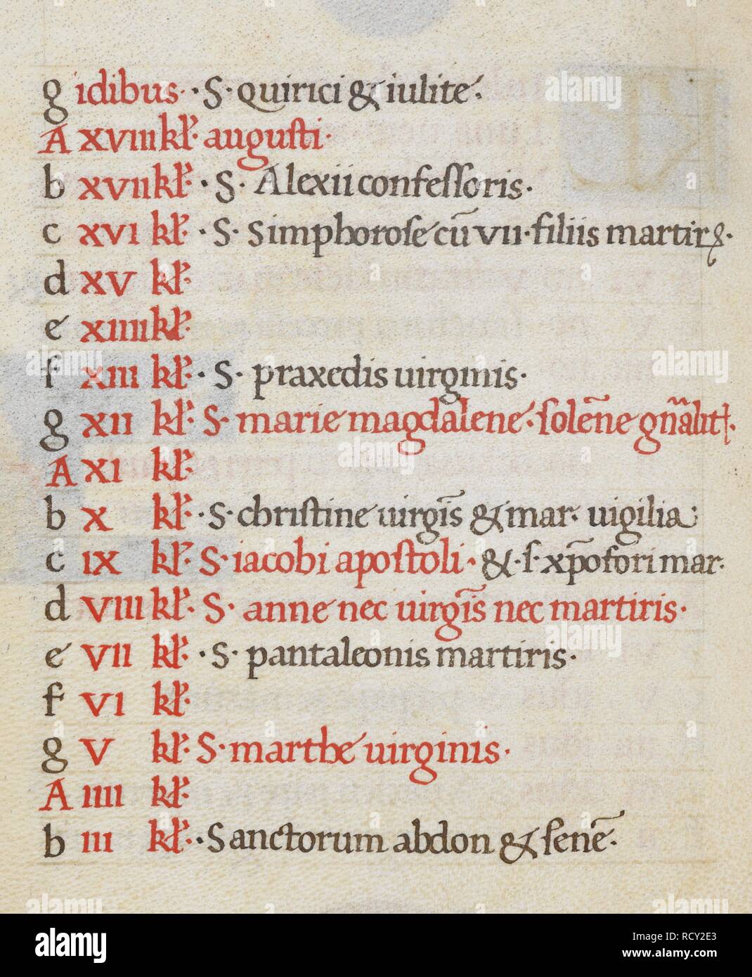 Calendar page for July. Mirandola Hours. Italy, circa 1490-1499. (Whole folio) Calendar page for July; text. Image taken from Mirandola Hours. Originally published/produced in Italy, circa 1490-1499. Source: Add. 50002, f.7v. Language: Latin. Stock Photo