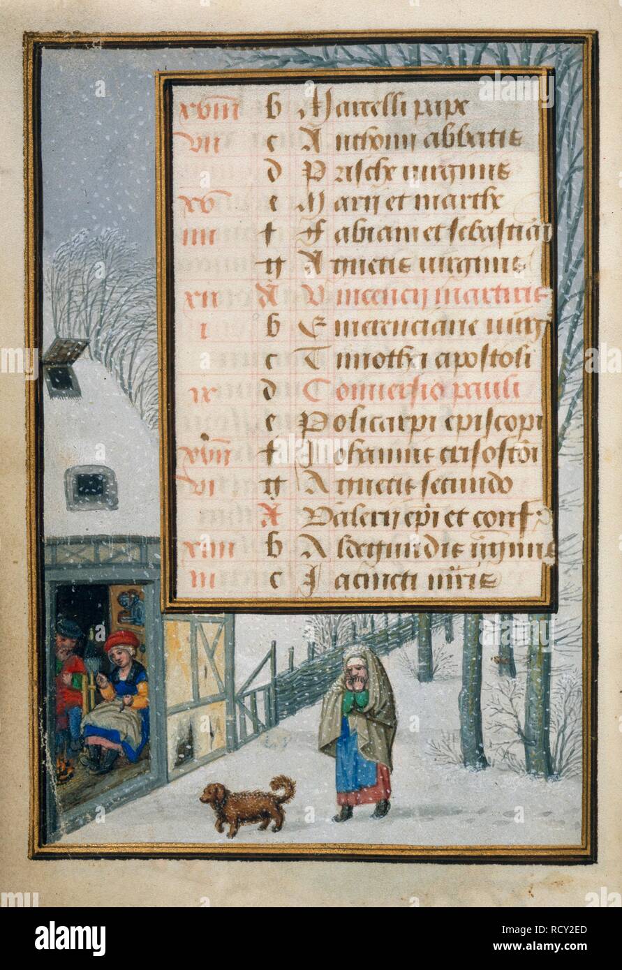 Woman and dog in snow. Book of Hours. S. Netherlands (Bruges), 1500-1515. (Whole folio) Calendar page for January showing a woman and her dog walking home in the snow.  Image taken from Book of Hours.  Originally published/produced in S. Netherlands (Bruges), 1500-1515. . Source: Egerton 1147, f.6v. Language: Latin. Author: Master of the Dresden Prayer Book. Stock Photo