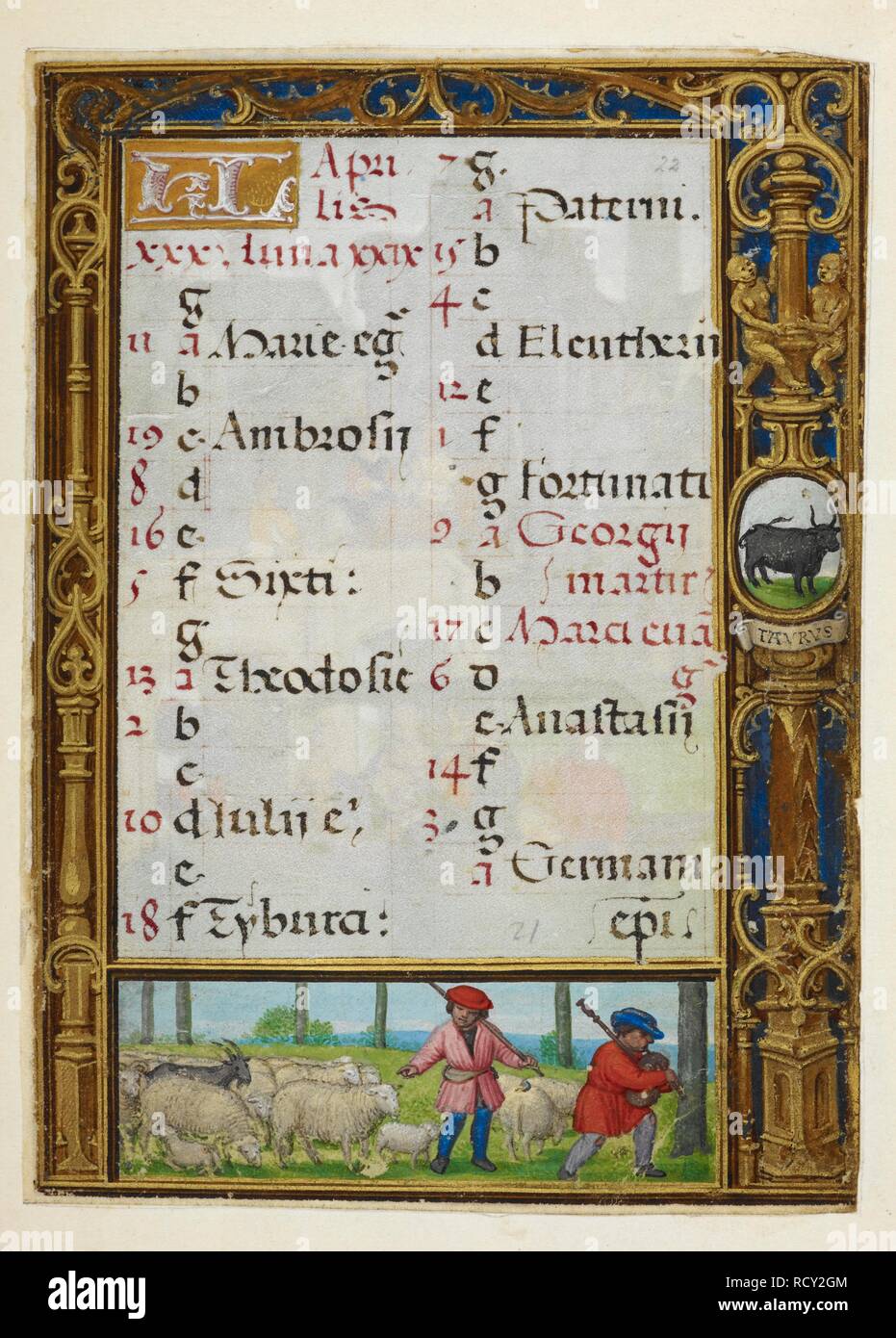 Calendar page for April. Initial, text and at the bottom, shepherds with a flock of sheep. The Golf Book. Netherlands, S. (Bruges). c. 1520 - 1530. Source: Add. 24098 f.22. Language: Latin. Author: Workshop of Simon Bening. Stock Photo