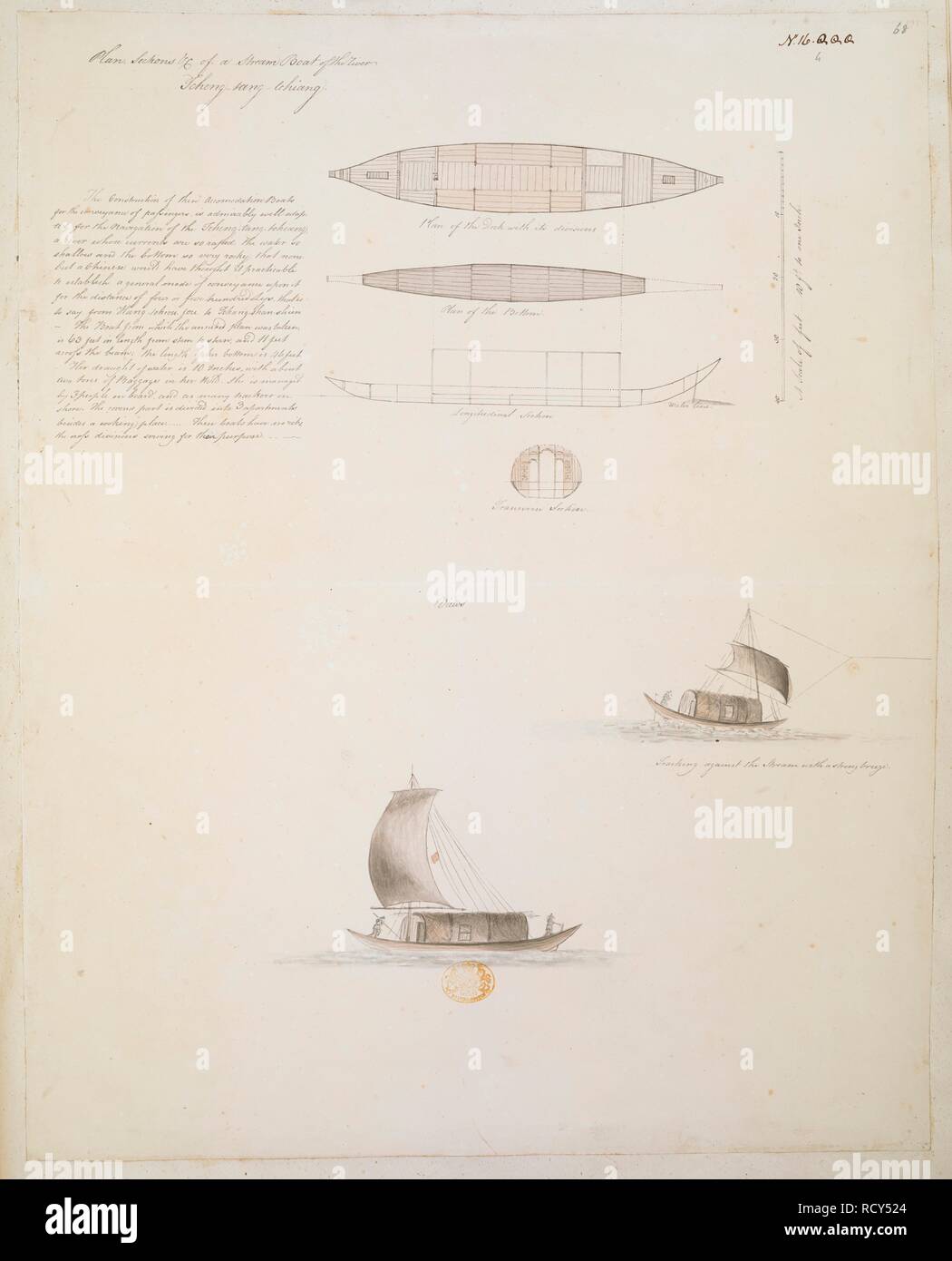 Plan, Sections &c of a Stream Boat of the River Tcheng-tang-tchiang. Deck, bottom, longitudinal section, transversal section and two views of a Chinese boat tracking against the stream, with explanatory text at left and scale at right.  . A collection of eighty views, maps, portraits and drawings illustrative of the Embassy sent to China under George, Earl of Macartney, in 1793; drawn chiefly by William Alexander, some by Sir John Barrow, Bart., some by Sir Henry Woodbine Parish, and one by William Gomm. Many of them are engraved in Sir George Staunton's Narrative of the Embassy, published in  Stock Photo