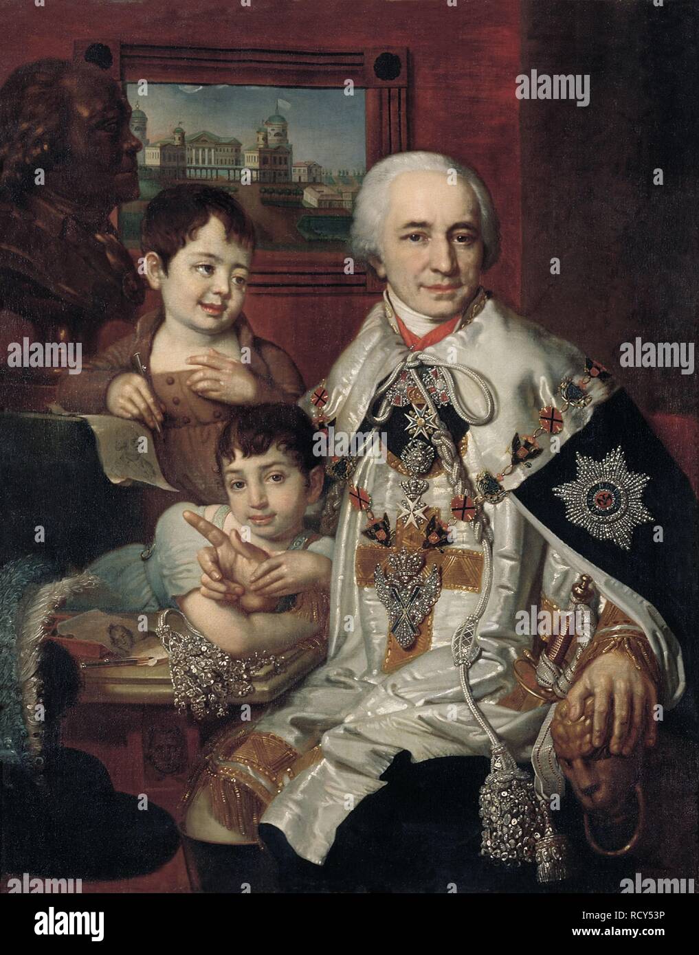 Portrait of Admiral Count Grigory Grigoryevich Kushelev (1754-1833) with children. Museum: State Open-air Museum of History and Architecture Novgorodian Kremlin, Novgorod. Author: Borovikovsky, Vladimir Lukich. Stock Photo