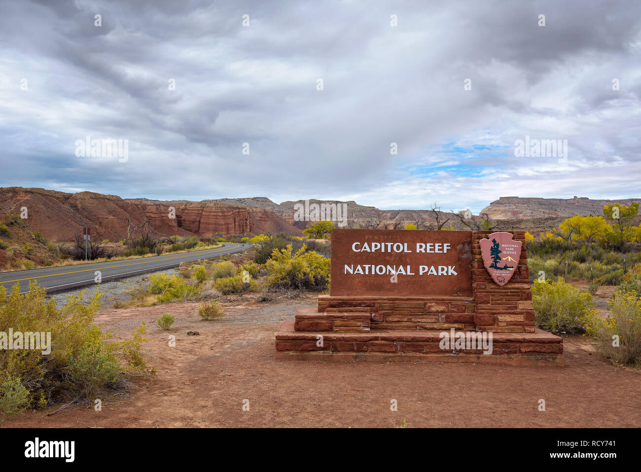 Entrance sign of Capitol Reef National park, Utah Stock Photo