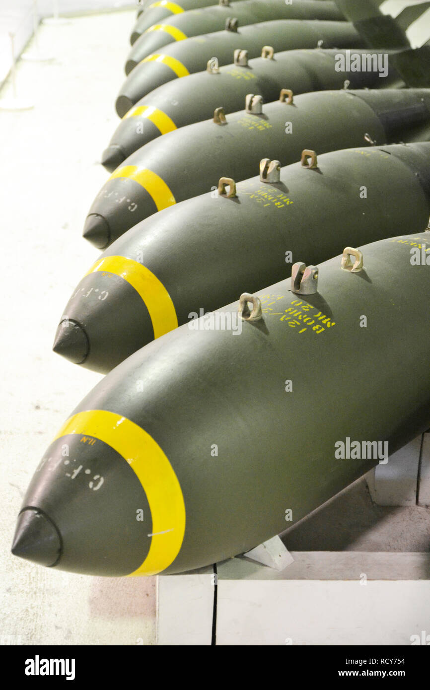 Aircraft bombs on display at the RAF Museum, London, UK Stock Photo