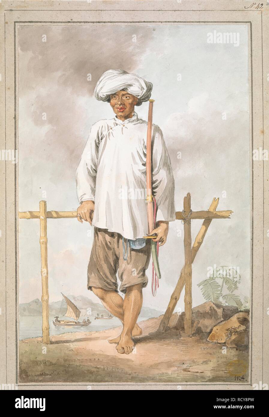 Portrait of Cochin-Chinese soldier. Portrait of a barefoot soldier standing full-length facing front, leaning on a wooden fence and holding a sheathed sword over his shoulder, dressed in knee-length wide trousers, long-sleeved chemise and turban, with sailing ships on river in the background. Signed with initials at bottom right and pasted on mount with washlines.  . [A collection of eighty views, maps, portraits and drawings illustrative of the Embassy sent to China under George, Earl of Macartney, in 1793; drawn chiefly by William Alexander, some by Sir John Barrow, Bart., some by Sir Henry  Stock Photo