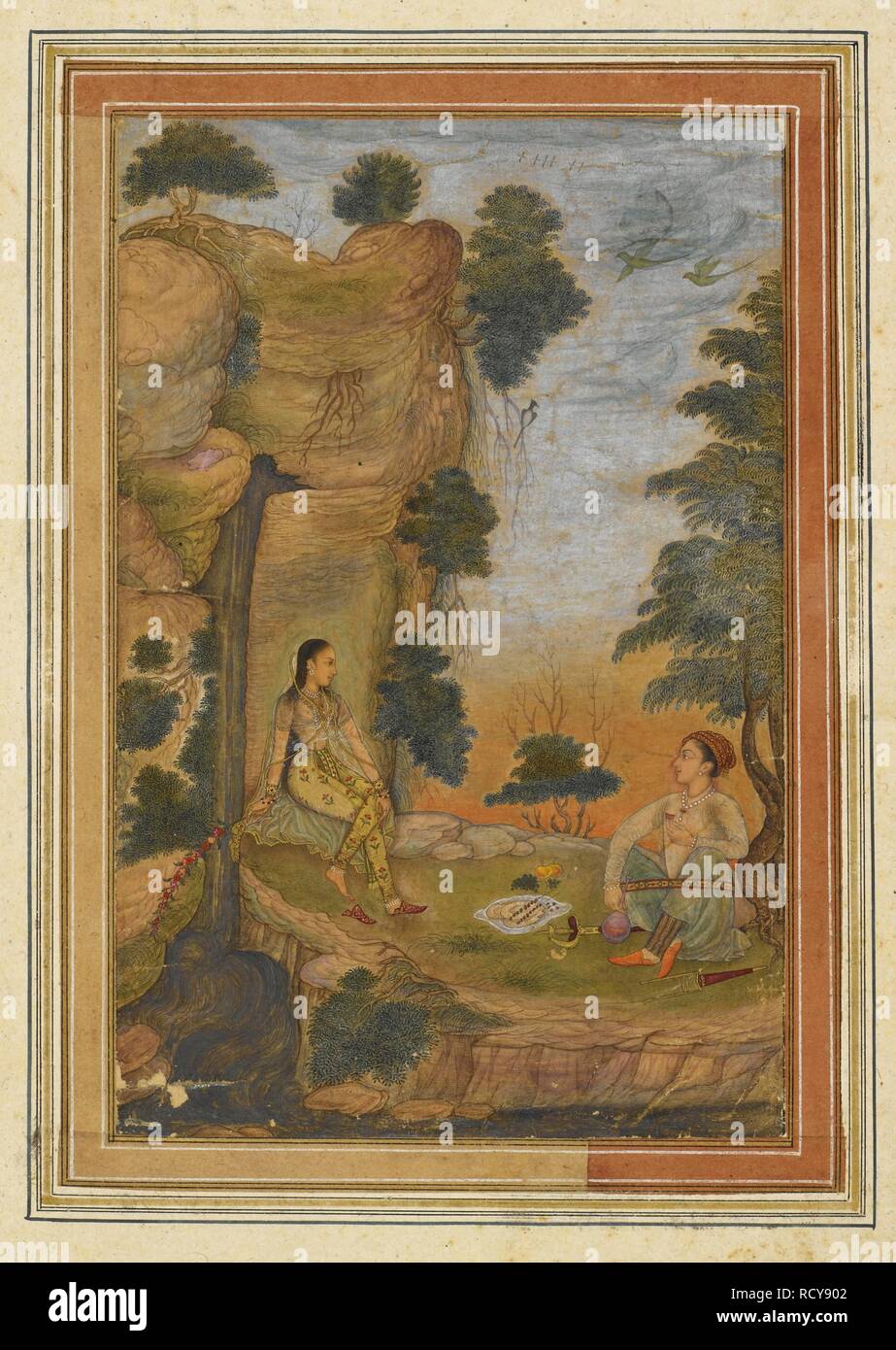 The prince is seated on the right beneath a tree holding a cup and a bottle of wine, his sword and 'katar' on the ground beside him. The princess sits by a waterfall on the left, holding a flower wand. A picnic is spread on the grass between them; a rocky mountainside and trees are above. Total of 10 leaves separately mounted. Johnston collection. c.1660. Opaque watercolour.   . Source: J.10,4. Stock Photo
