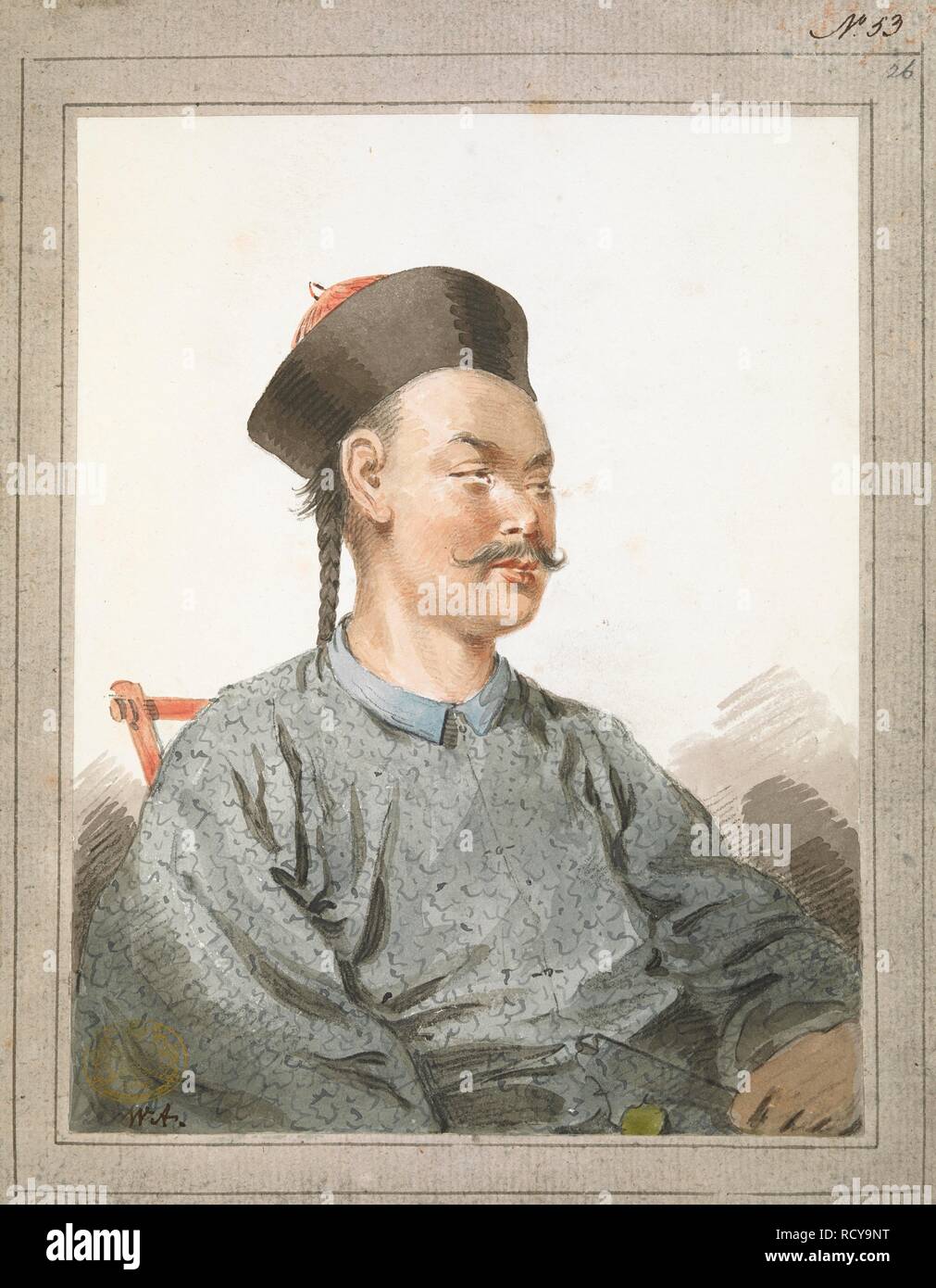 Portrait of a Mandarin / WA. Portrait of a man, seated half-length slightly turned to right, wearing black-brimmed cap with red top, moustache and his hair plaited and holding a fan with his left hand. Signed with initials at bottom left and pasted on mount with washlines.    . [A collection of eighty views, maps, portraits and drawings illustrative of the Embassy sent to China under George, Earl of Macartney, in 1793; drawn chiefly by William Alexander, some by Sir John Barrow, Bart., some by Sir Henry Woodbine Parish, and one by William Gomm. Many of them are engraved in Sir George Staunton' Stock Photo