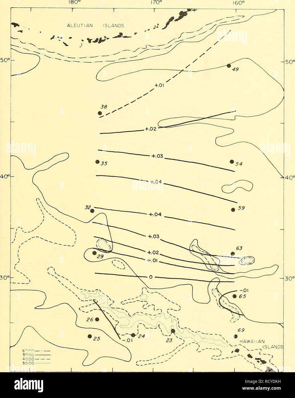 . Deep circulation, central north Pacific Ocean: 1961, 1962, 1963. Ocean circulation. 160° 170° 160° Figure 25. —Topography in dynamic meters, 1,000-m level adjusted to wind-driven geostrophic transport, Ekman divergence con- sidered, September 1961. Drag coefficient 0.0026; stresses from mean monthly pressures.. Please note that these images are extracted from scanned page images that may have been digitally enhanced for readability - coloration and appearance of these illustrations may not perfectly resemble the original work.. Barbee, William D. Washington, U. S. Govt. Print. Off. Stock Photo