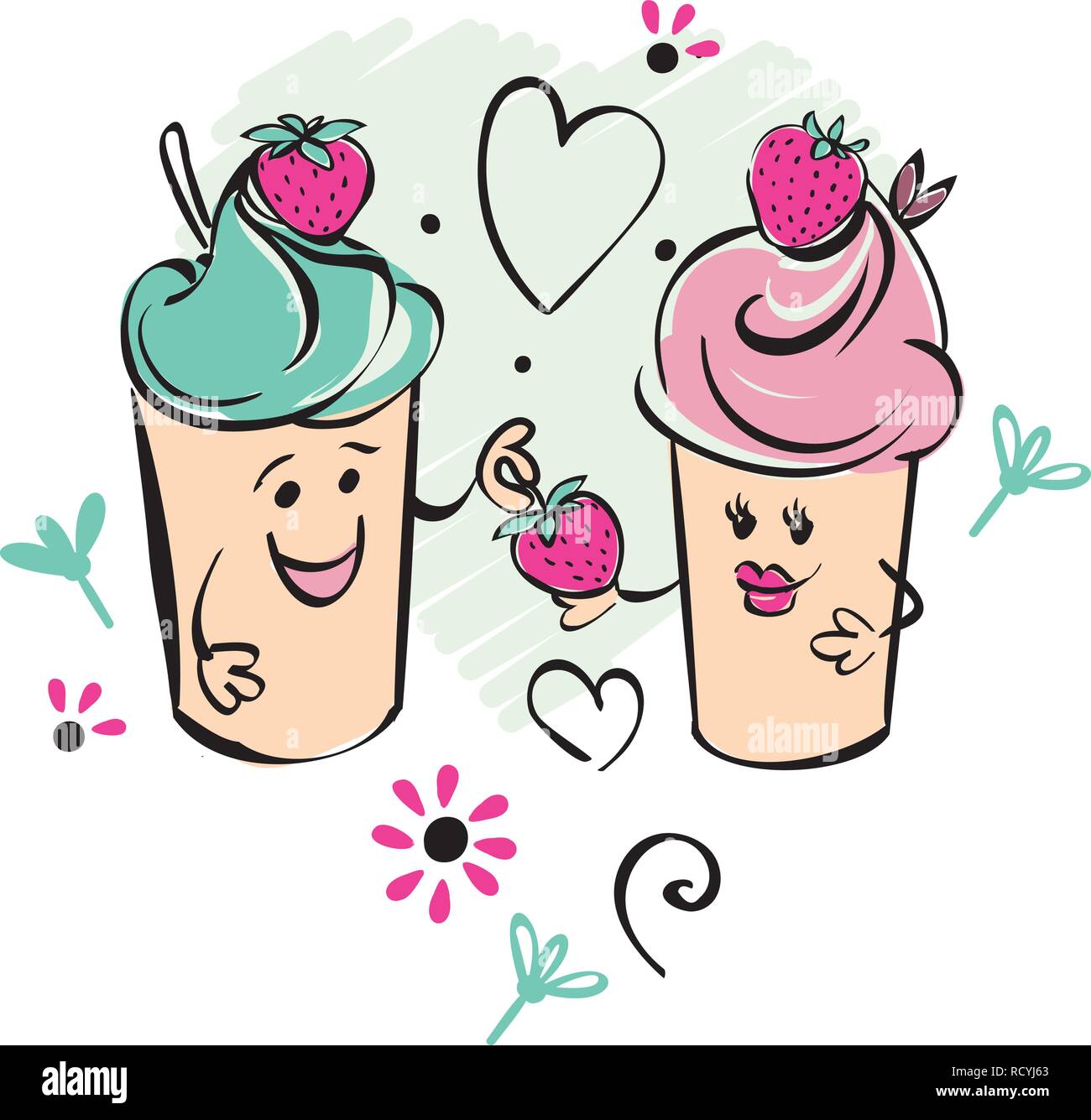Girl and boy ice cream character and strawberry, heart. The boy gives the berry to the girl.. Black white pink hand made drawing for kids, adult, caffee Stock Vector