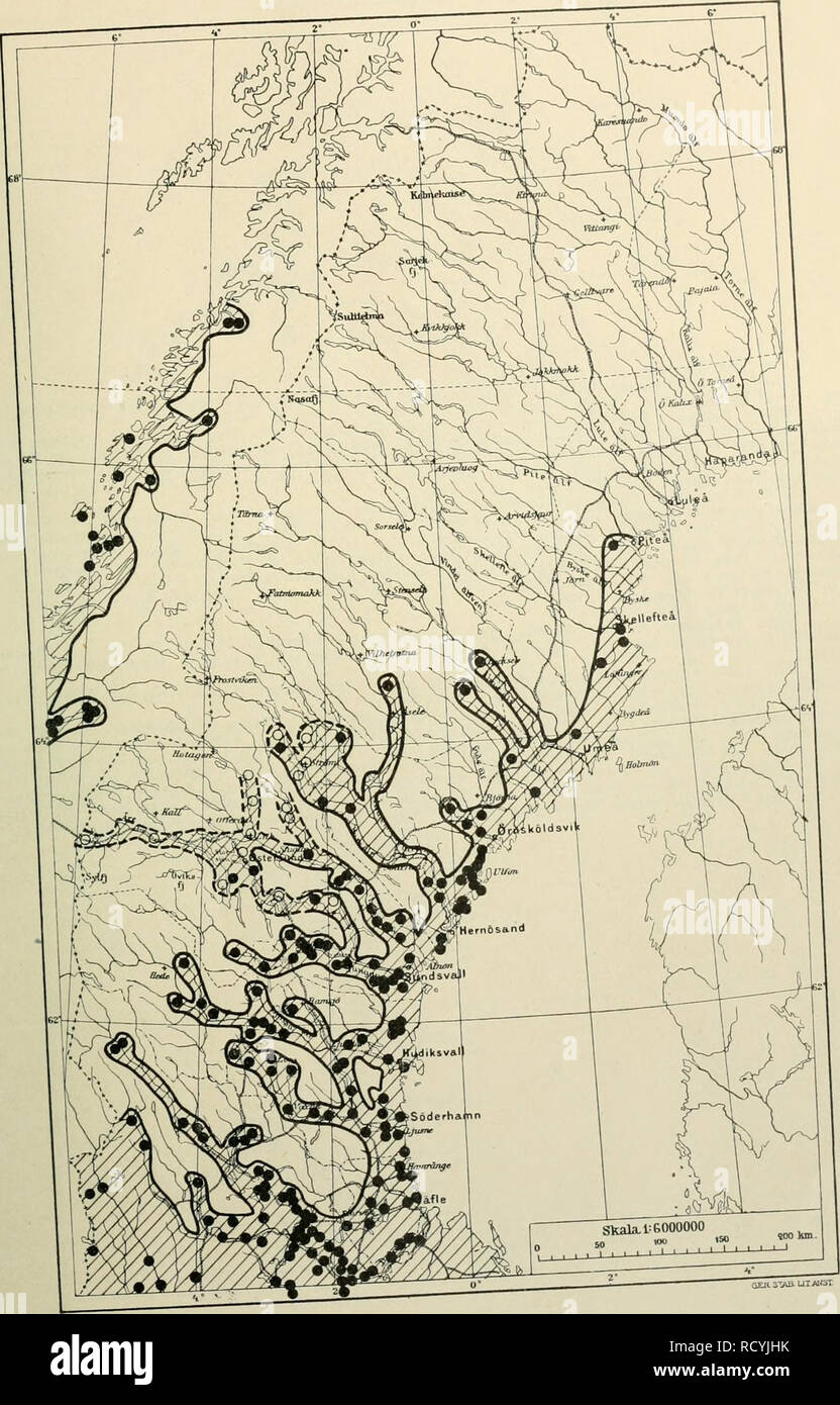 . Den norrländska florans : geografiska fördelning och invandringshistoria ; med särskild hänsyn till dess sydskandinaviskar arter. Plants; Plants. KAim)R^^)CH_^TÄND(^ Kartan 34. Olvon (Viburnum opulus). 389. Om artens förekomst jfr i öfrigt texten s. 190.. Please note that these images are extracted from scanned page images that may have been digitally enhanced for readability - coloration and appearance of these illustrations may not perfectly resemble the original work.. Andersson, Gunnar, 1865-1928; Birger, Selim, 1879-1931. Uppsala : Almqvist & Wiksell Stock Photo