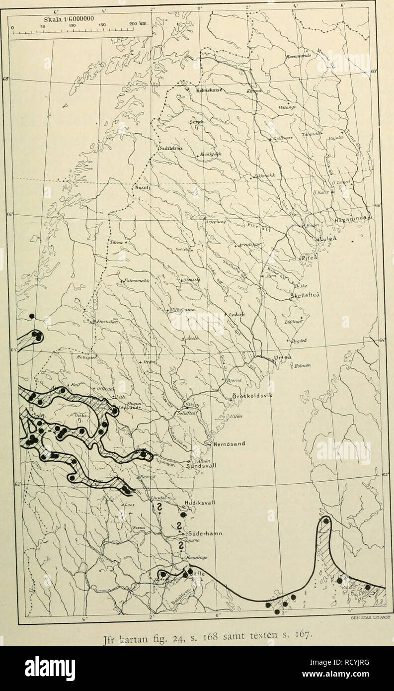 . Den norrländska florans : geografiska fördelning och invandringshistoria ; med särskild hänsyn till dess sydskandinaviskar arter. Plants; Plants. KARTOR OCH STà NDORTER 357 Kartan i8. Cotoneaster vulgaris.. 1- kartan fig. 24, s. 168 samt texten s. 167.. Please note that these images are extracted from scanned page images that may have been digitally enhanced for readability - coloration and appearance of these illustrations may not perfectly resemble the original work.. Andersson, Gunnar, 1865-1928; Birger, Selim, 1879-1931. Uppsala : Almqvist & Wiksell Stock Photo