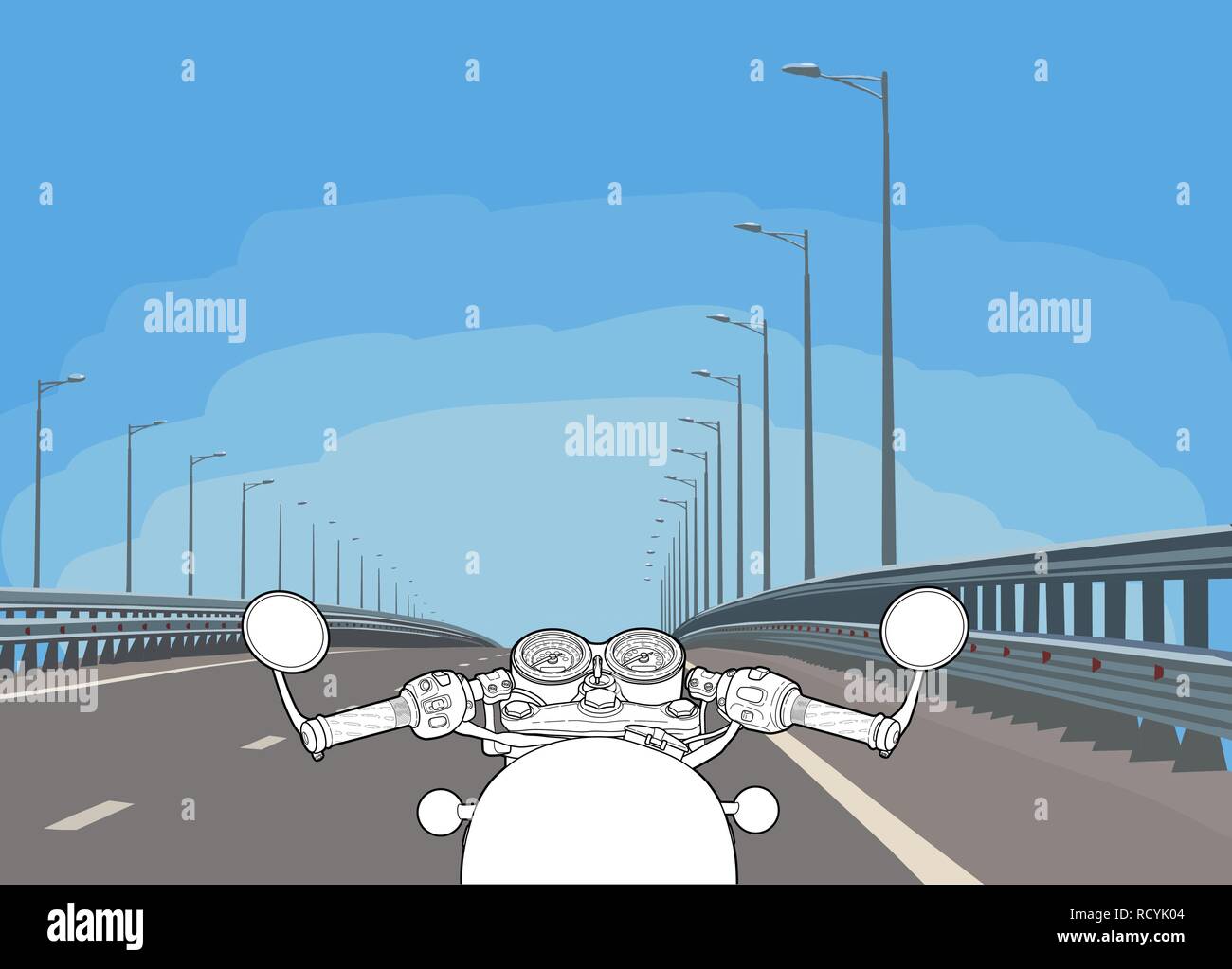 Driving a motorcycle on a highway. Flat vector. Stock Vector