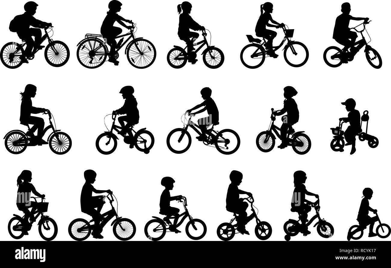 children riding bicycles silhouettes collection - vector Stock Vector