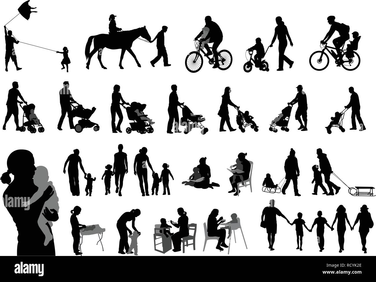 parents spending family time with their children silhouettes - vector Stock Vector