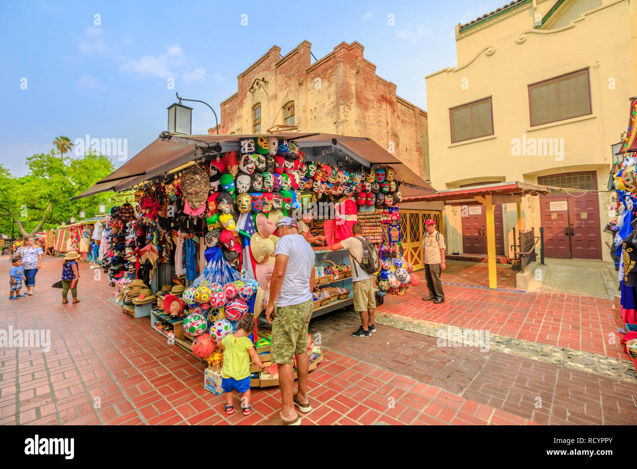 Los Angeles, California, United States - August 9, 2018: tourists shopping in Olvera Street, the oldest part of downtown LA, at El Pueblo in Los Angeles State Historic Landmark since 1953. Stock Photo