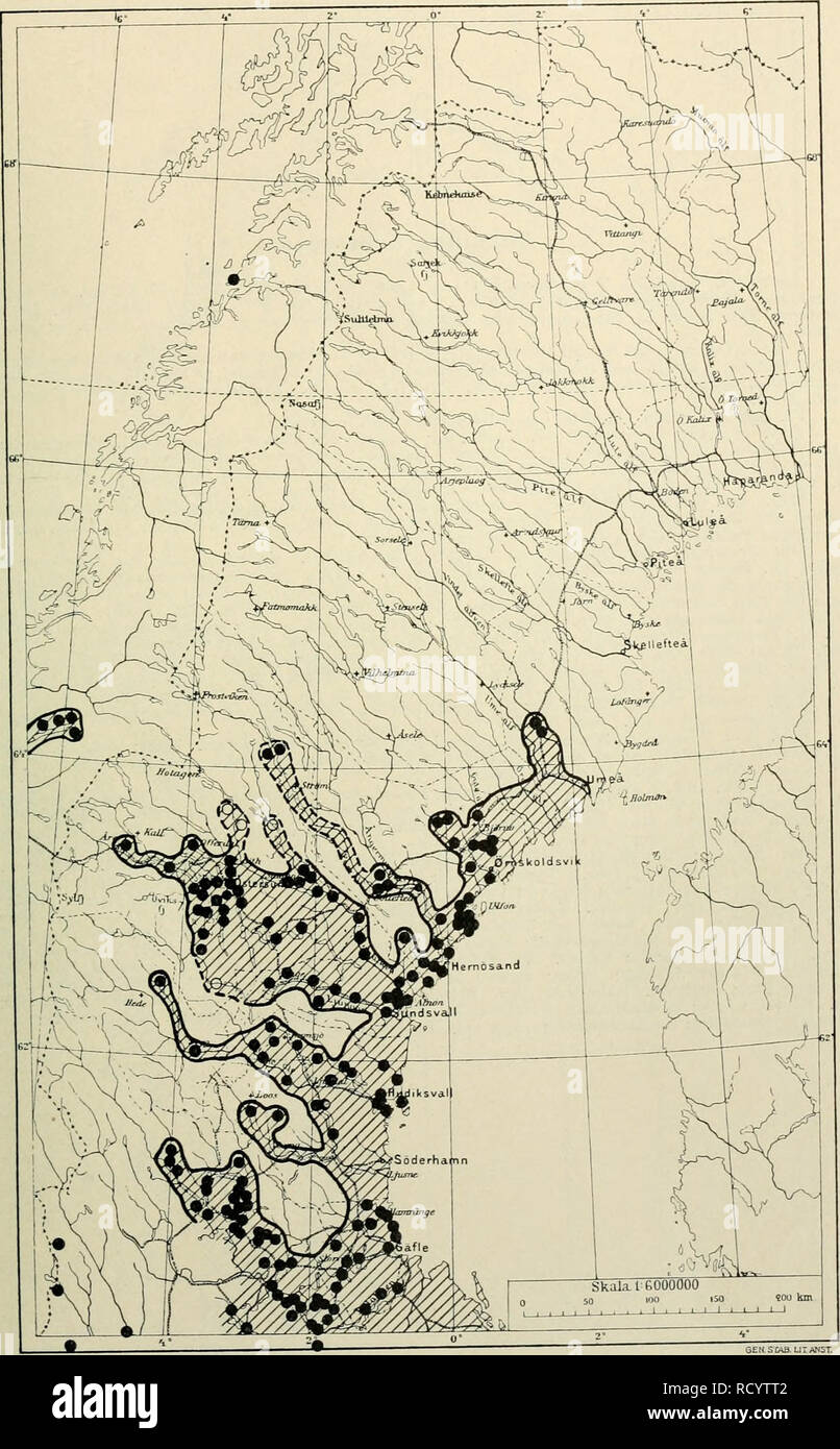 . Den norrländska florans : geografiska fördelning och invandringshistoria ; med särskild hänsyn till dess sydskandinaviskar arter. Plants; Plants. KARTOR OCH STà NDORTER 333 Kartan 6. Bläsippa (Auemone hepatica).. Please note that these images are extracted from scanned page images that may have been digitally enhanced for readability - coloration and appearance of these illustrations may not perfectly resemble the original work.. Andersson, Gunnar, 1865-1928; Birger, Selim, 1879-1931. Uppsala : Almqvist & Wiksell Stock Photo