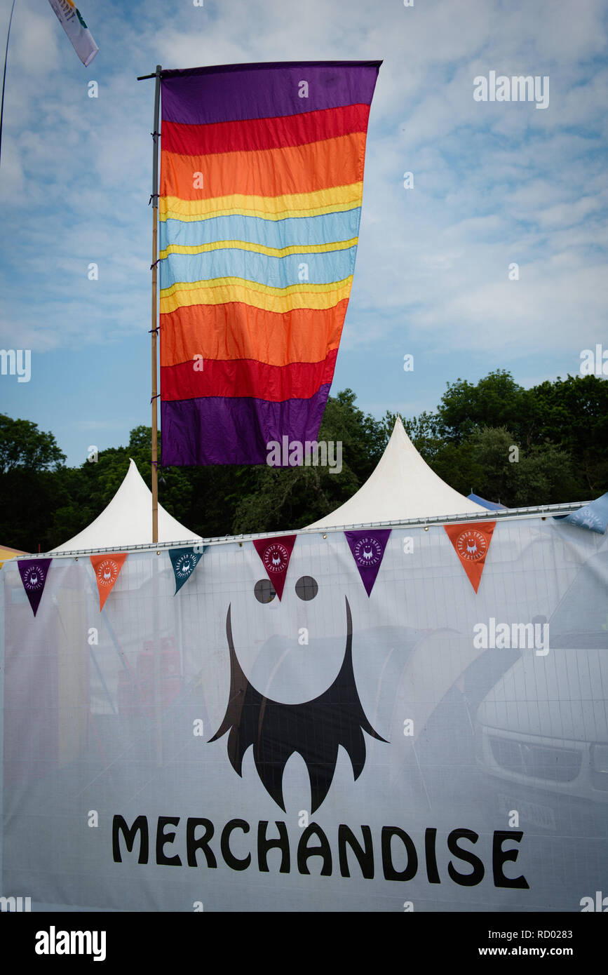 Merchandise banner at the Bearded Theory festival Stock Photo