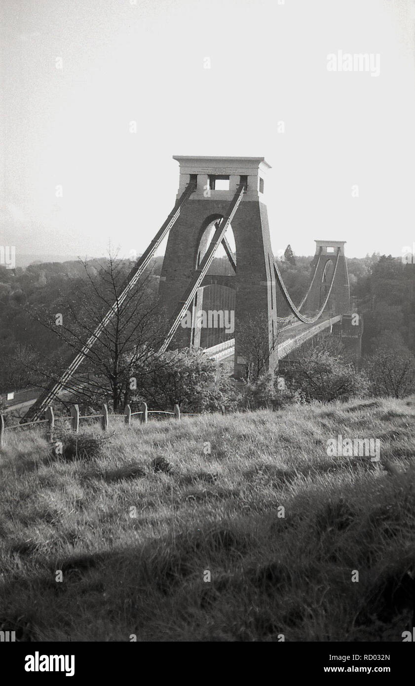 1950s, historical, view of the Clifton Suspension Bridge, Bristol, England, UK. Based on a design by the famous Victorian engineer Isambard Kingdom Brunel, the bridge which opened in 1864, crosses the River Avon Gorge, linking Bristol with North Somerset. Stock Photo