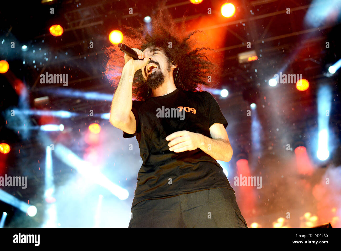 ROME - July 16, 2018: The concert of 'Caparezza' at the 'Rock in Roma” in Capannelle. Stock Photo