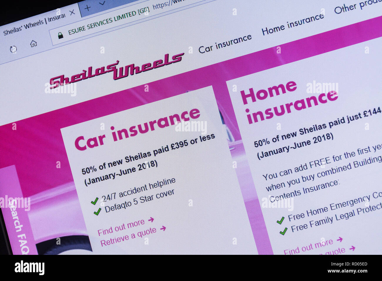 Sheila's Wheels insurance company advert on laptop computer - screenshot of website Stock Photo