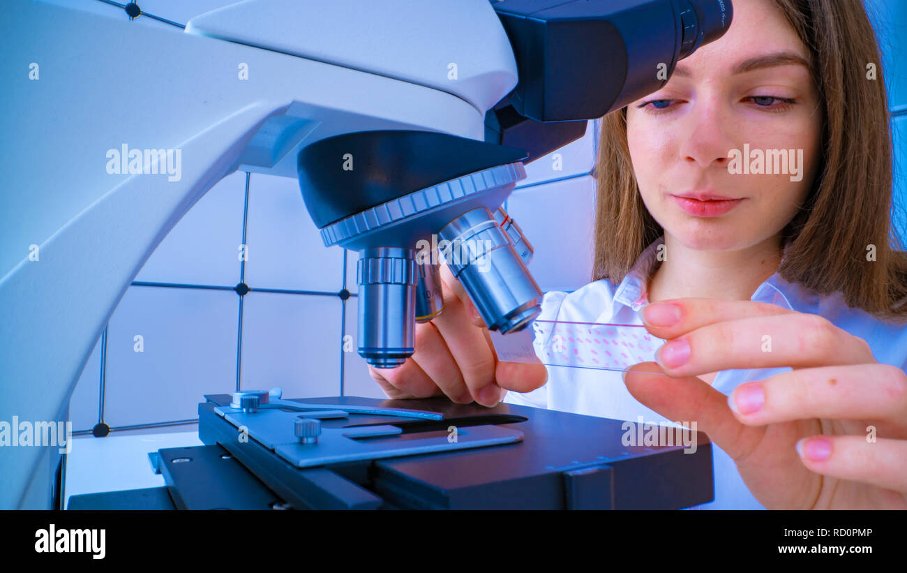 Scientist analyzing microscope slide at laboratory. Young woman ...