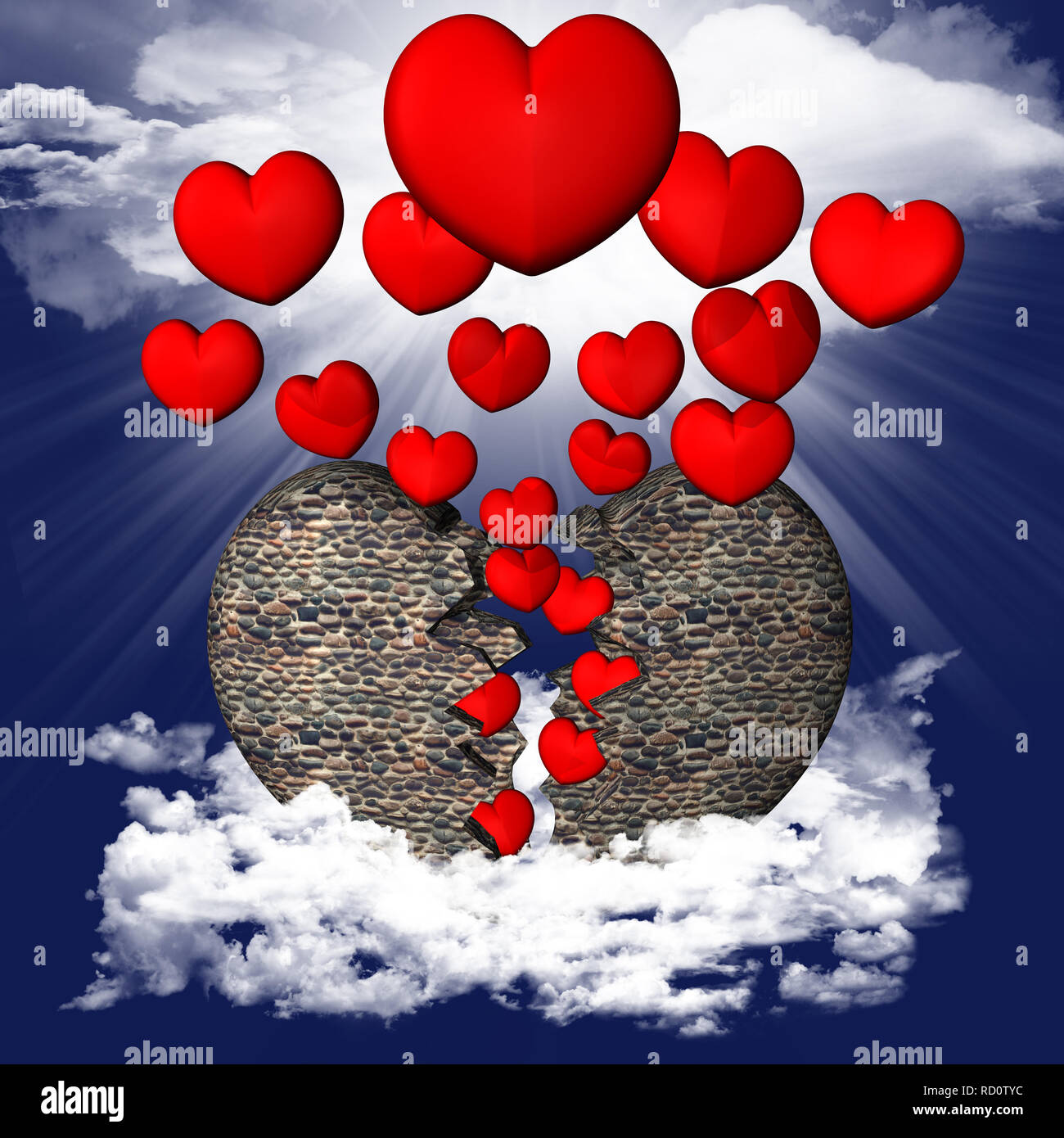 3D illustration. Stone broken heart from hearts in the sky Stock Photo