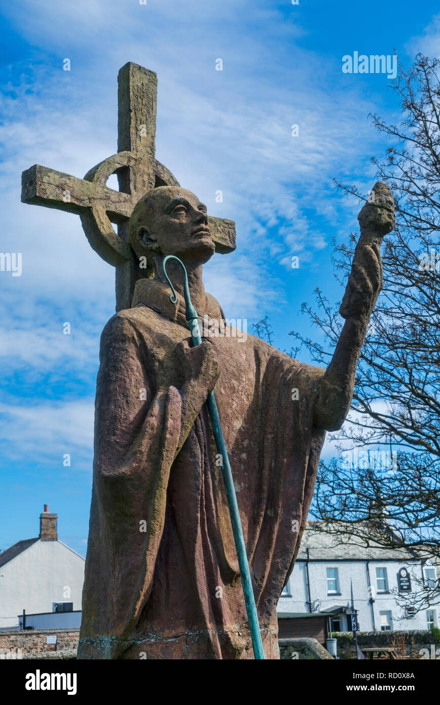 Holy Isle, Lindisfarne, statue, St Aiden, Northumberland, England, UK