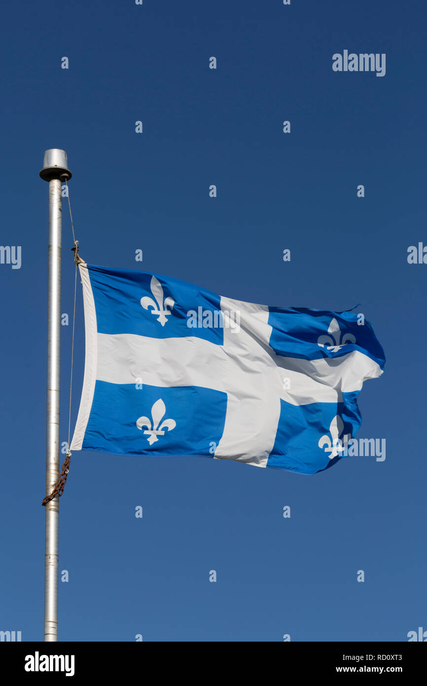 The provincial flag of Quebec flies in Quebec, Canada. The blue and white flag bears four fleur-de-lys emblems. Stock Photo