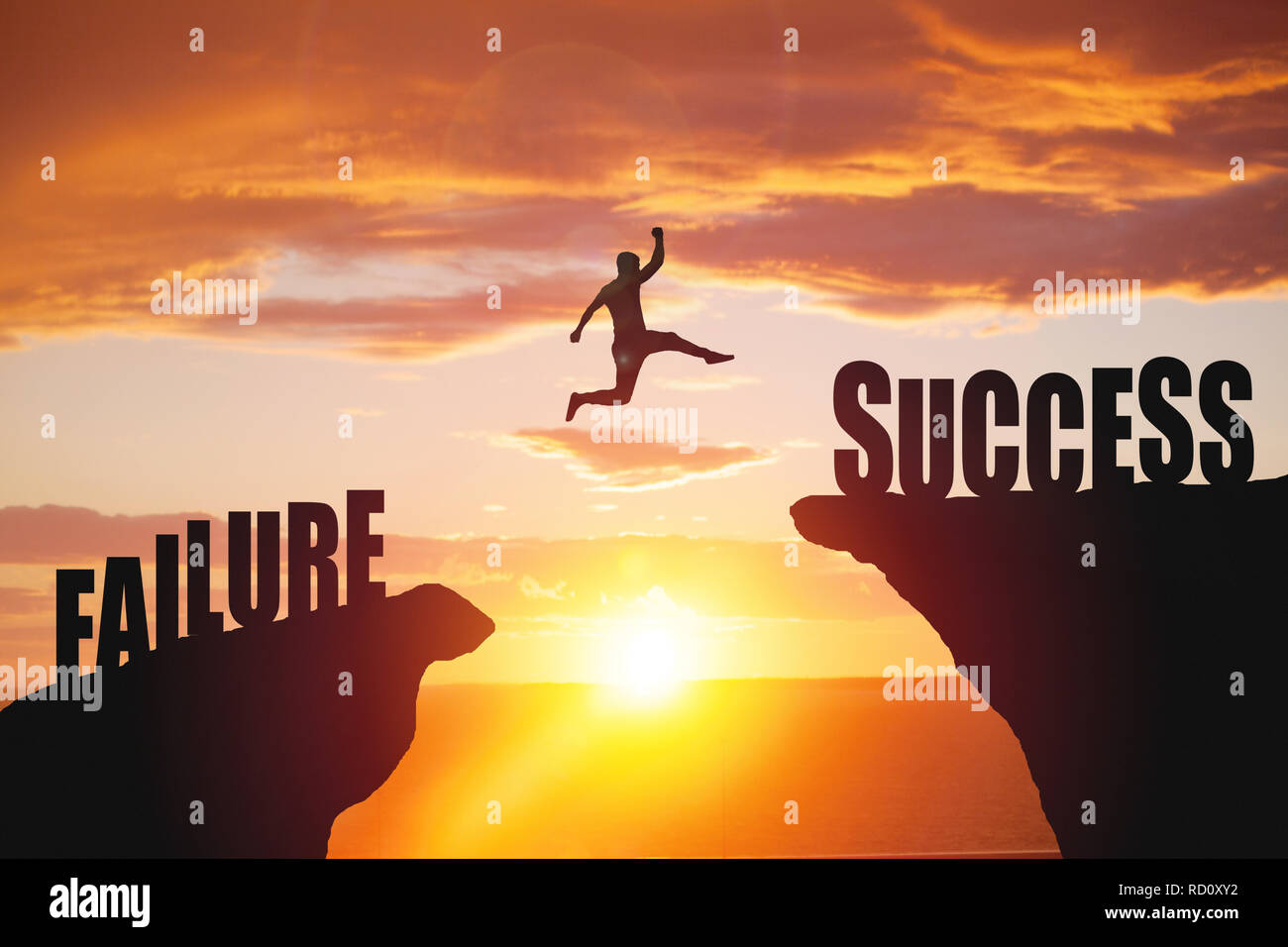 Silhouette of business man jump to success text Stock Photo Alamy