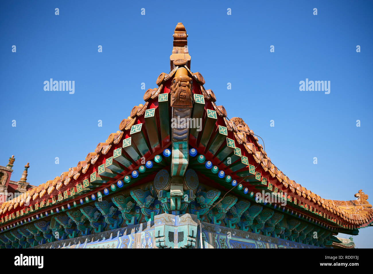 Architectural details of a Buddhist Temple roof in Chengde, China. Stock Photo