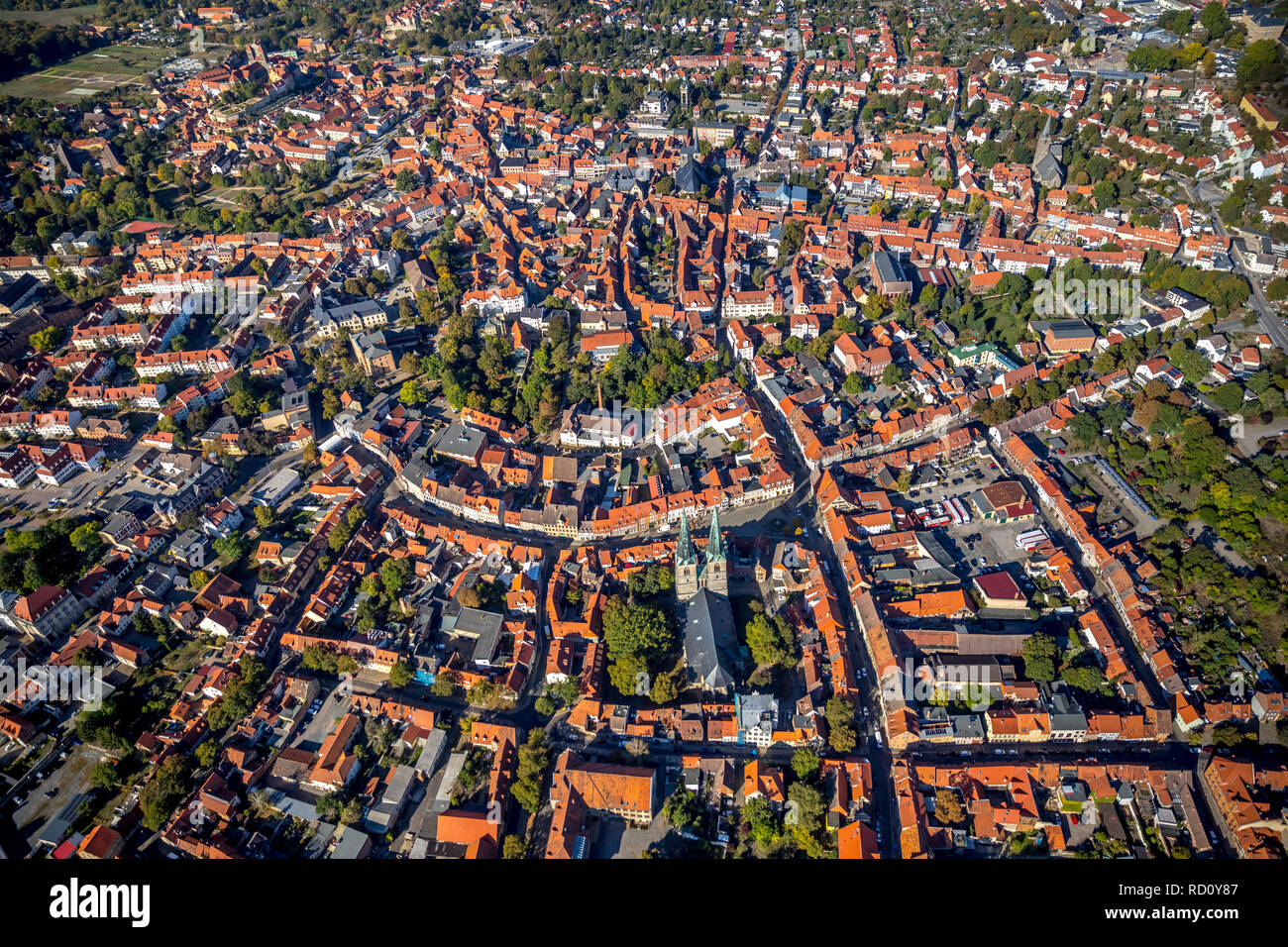Aerial photo, overview, Quedlinburg- Neustadt, St. Nikolai church, New Town church yard, Quedlinburg, Harz district, Saxony-Anhalt, Germany, Europe, K Stock Photo
