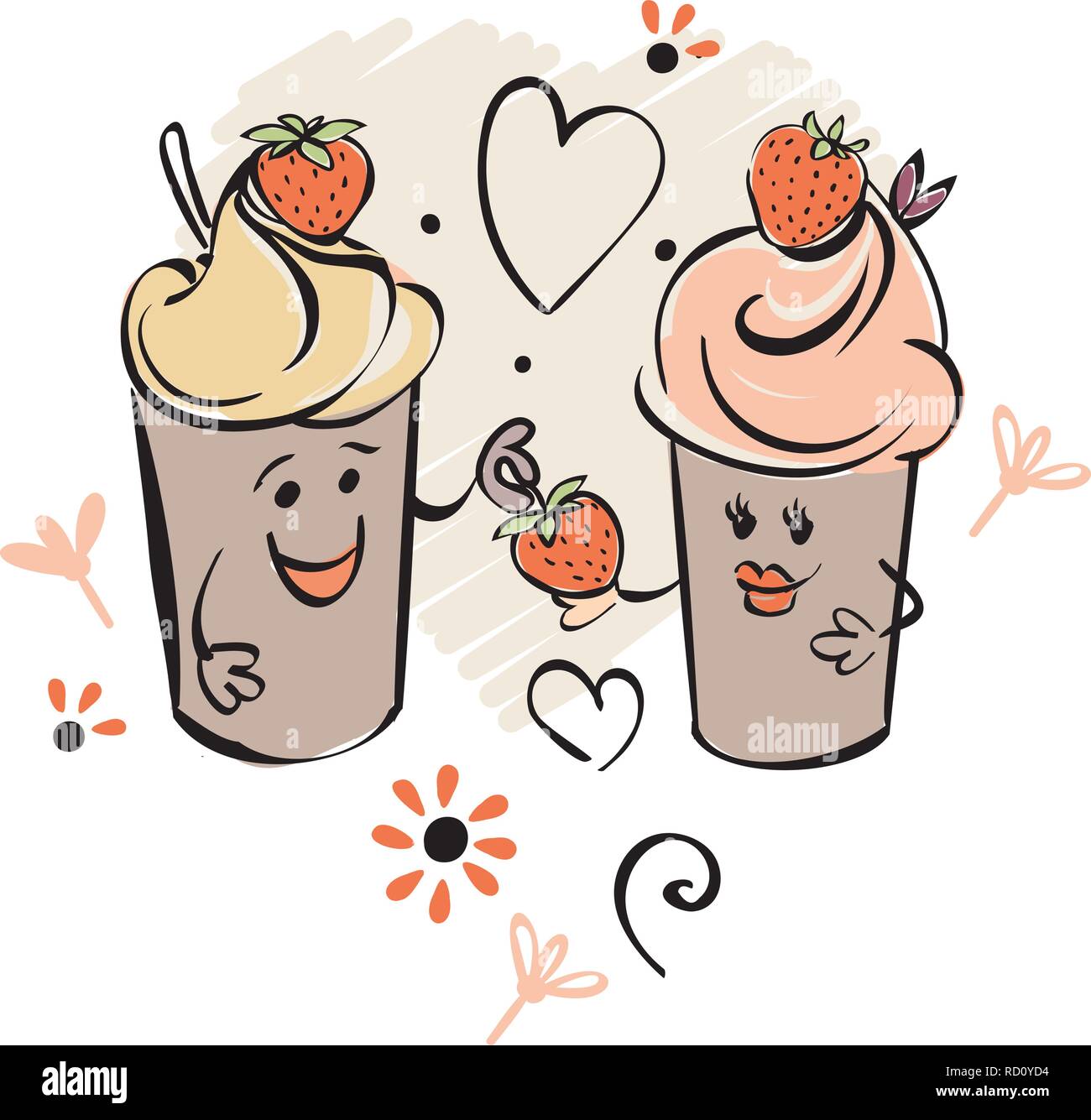 Chocolade ice cream character and strawberry, heart. The boy gives the berry to the girl.. Black white pink hand made drawing for kids, adult, caffee Stock Vector