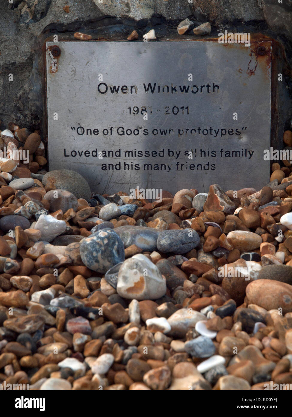 A tribute to a deceased man by the beach at Brighton Stock Photo