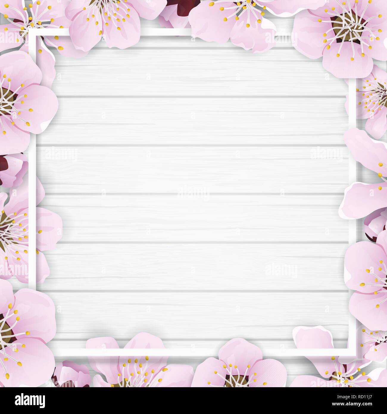 Spring frame with flowers on wooden background. Stock Vector