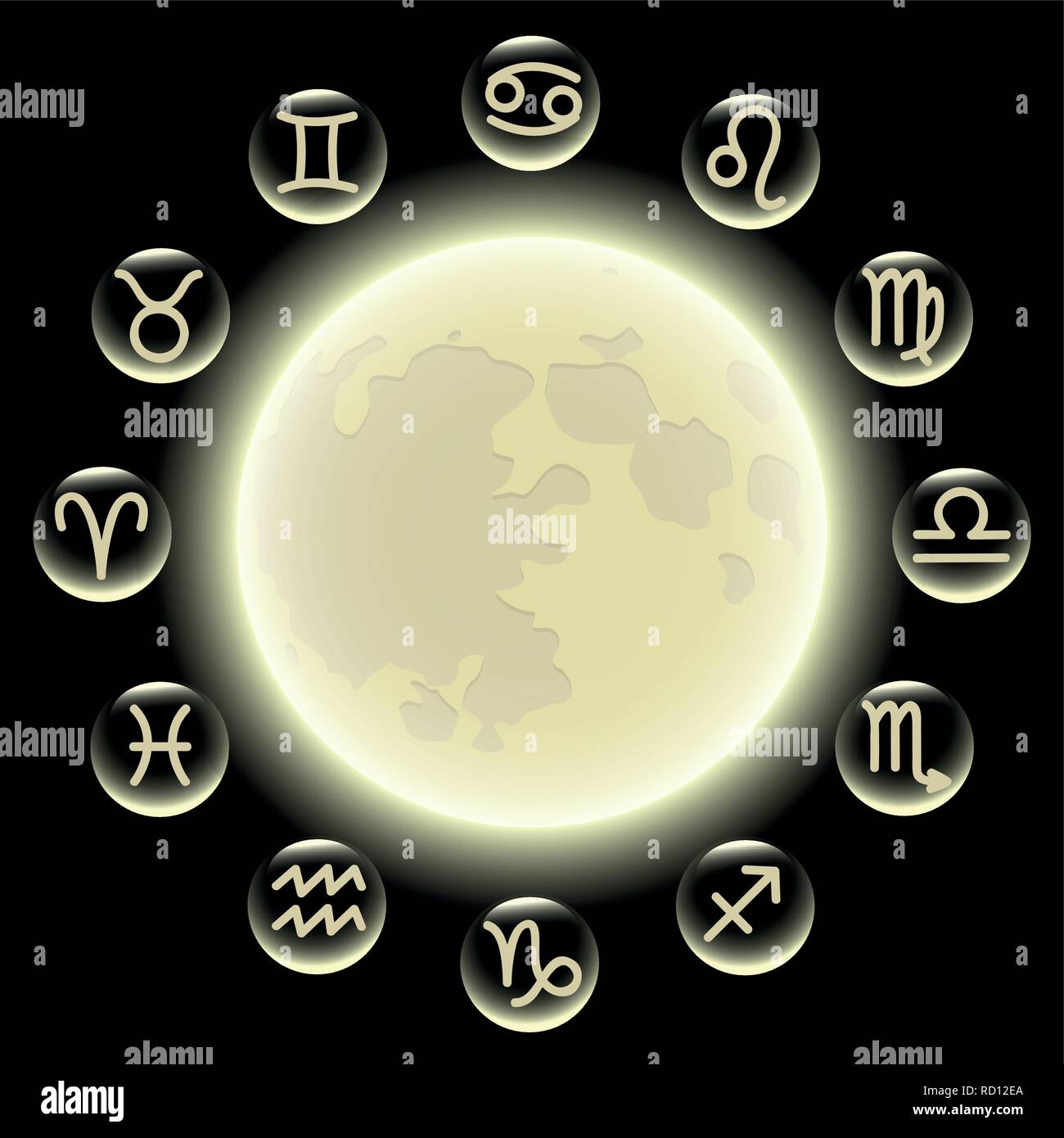 zodiac symbols in circle at full moon vector illustration EPS10 Stock Vector