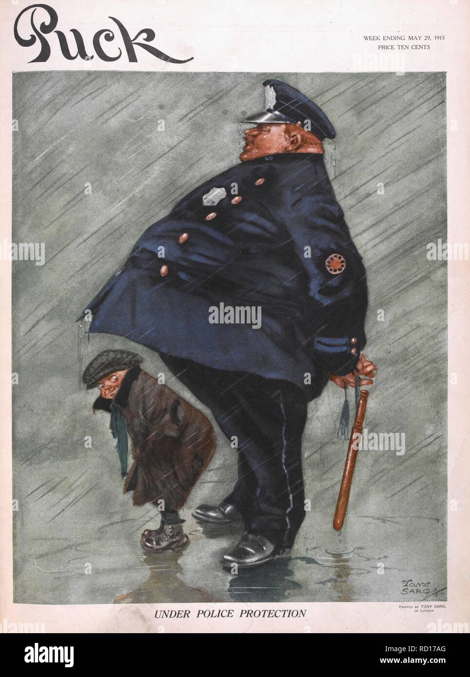 'Under police protection'. A small boy sheltering from the rain under the cover of a large American policeman. Puck. New York, 1915. Source: Puck, 29/05/1915 front cover. Author: Sarg, Tony. Stock Photo