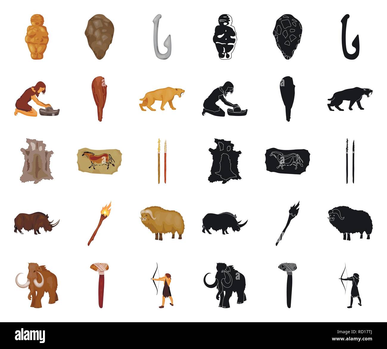 age,ancient,animal,antiquity,arrow,axe,beginning,bone,bow,campfire,cartoon,black,caveman,cavewoman,collection,culture,design,development,epoch,fauna,fish,grindstone,hide,hook,humanity,icon,illustration,isolated,life,logo,man,muskox,painting,people,period,rhinoceros,saber-toothed,set,sign,spears,stone,survival,symbol,tiger,tool,torch,truncheon,vector,venus,web,woolly mammoth Vector Vectors , Stock Vector