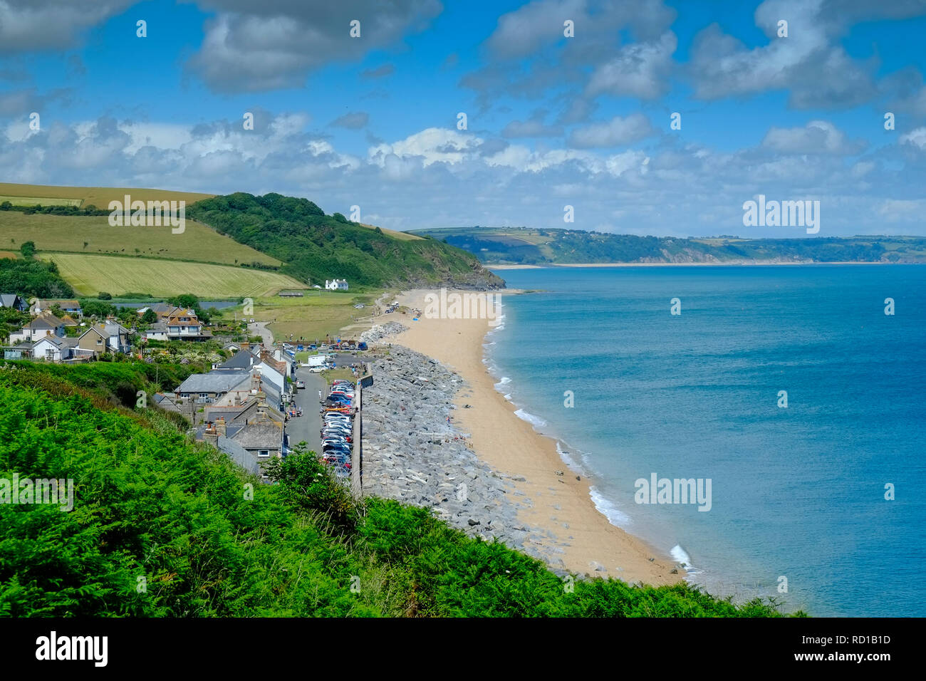 View of Start Bay towards Torcross from above Beesands beach, South Hams. Devon. UK Stock Photo