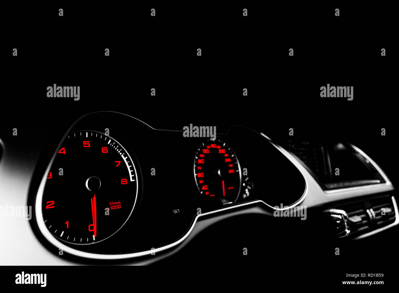 Close up shot of a speedometer in a car. Car dashboard. Dashboard