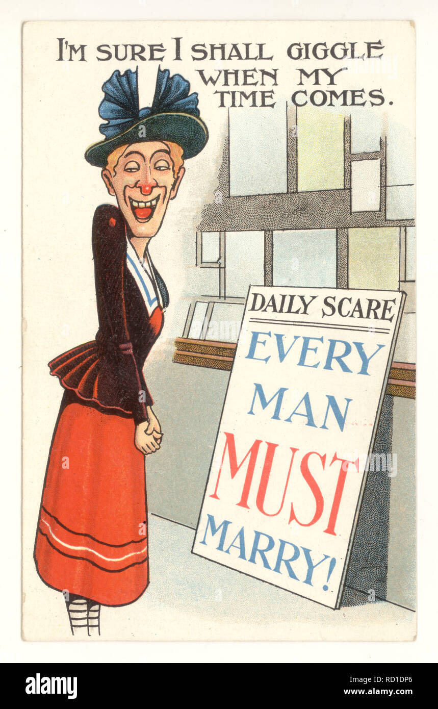 Anti-suffragette comic postcard of simpering unattractive old maid / spinster, 'Every Man Must Marry' poster, illustrates the fears of the rising power of women during women's fight for suffrage, circa 1921, U.K. Stock Photo