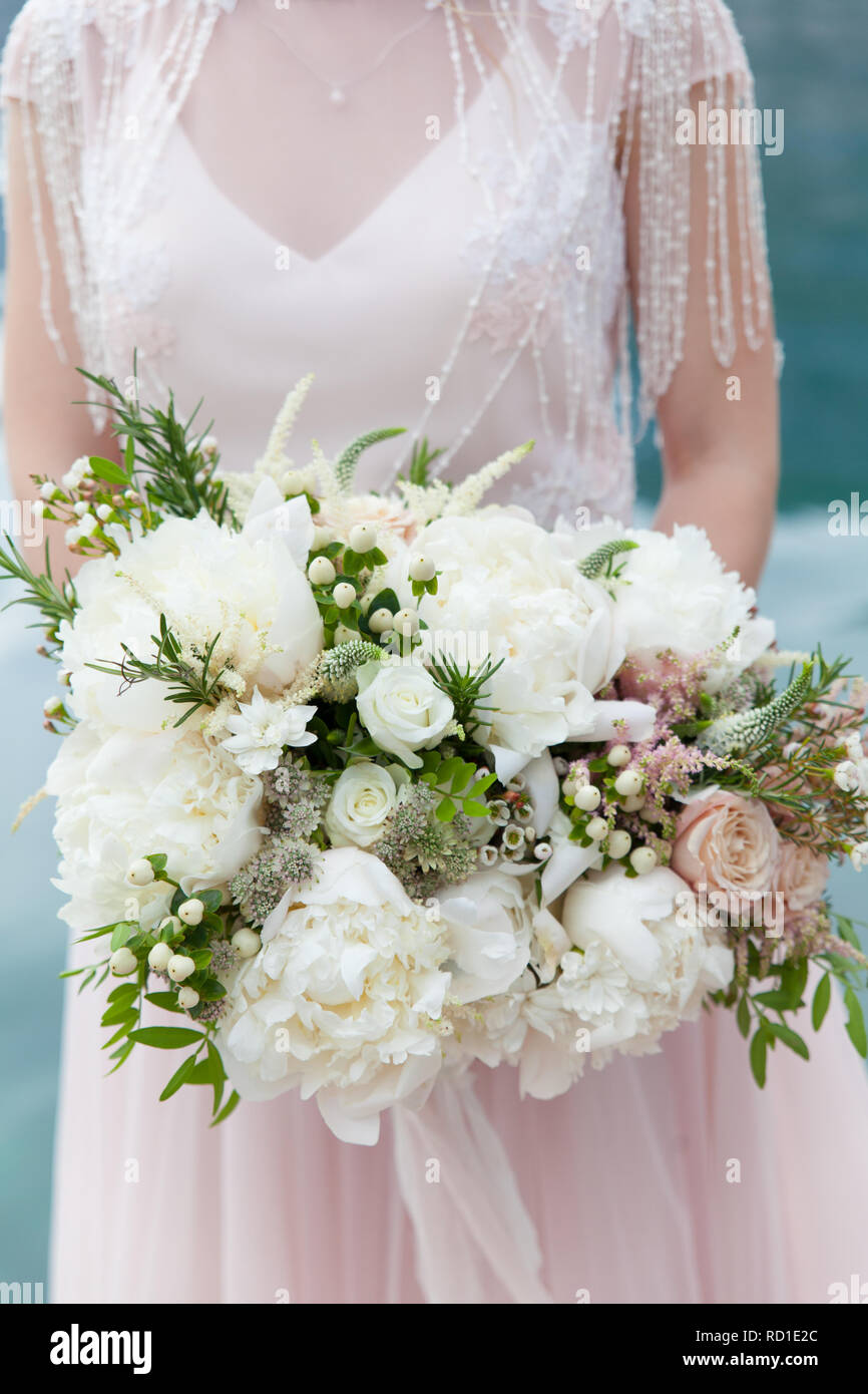 wedding bouquet with white peony and roses Stock Photo - Alamy
