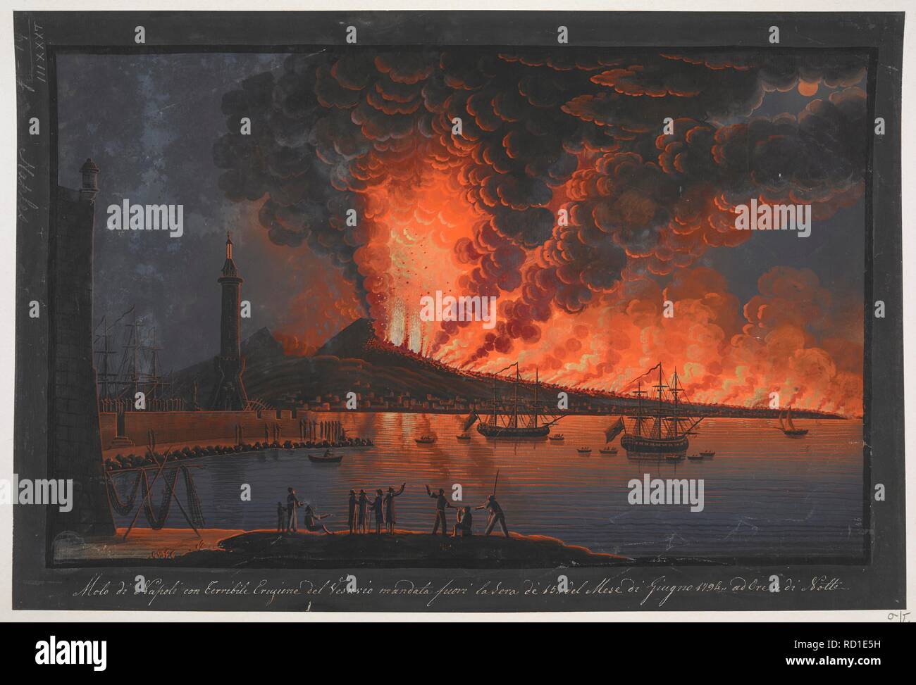 Eruption of Mount Vesuvius. Nocturnal scene; a group of men watch the eruption of Mount Vesuvius from a pier next to a tower, with harbour and lighthouse at left, sailing ships and Bay of Naples at right and flames and clouds of smoke from the volcano covering the sky in the background; within painted frame with black edge, annotated with title in white ink below. Molo di Napoli, con terribile eruzione del Vesuvio mandata fuori la sera de 15 del mese di Giugno, 1794; ad ore 2 di notte. 1794. 1 drawing : gouache ; sheet 31.6 x 47.1 cm. Source: Maps K.Top.83.61.k. Language: Italian. Stock Photo