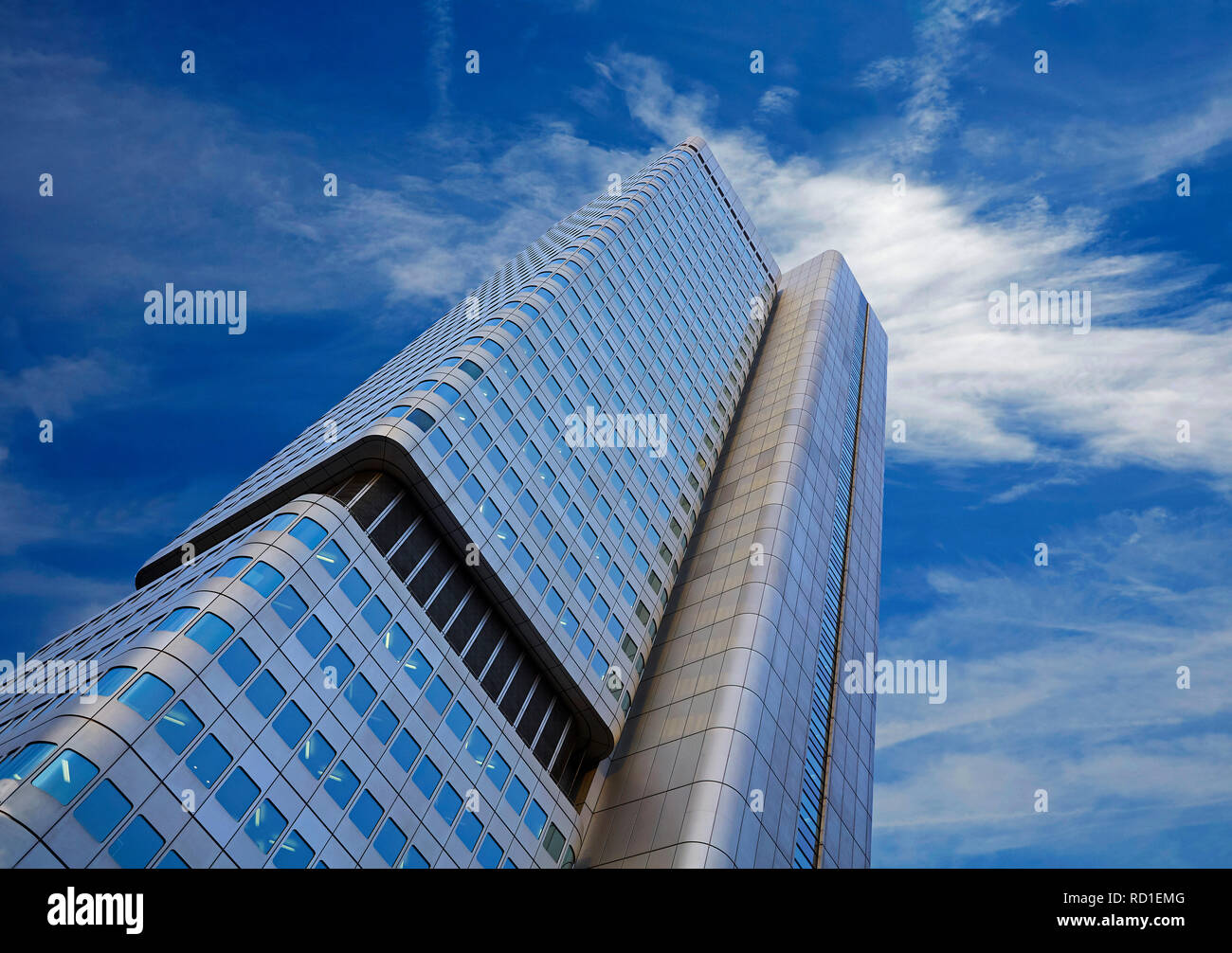 Looking up at the Siberturm (formerly known as the Dresdner-Bank-Hochhaus) futurist skyscraper in the modernist style Stock Photo