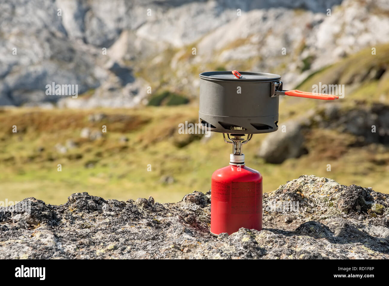 Tourist Equipment And Tools Camping Gas Over Marmolada Mountain Background Dolomites Italy Stock Photo Alamy